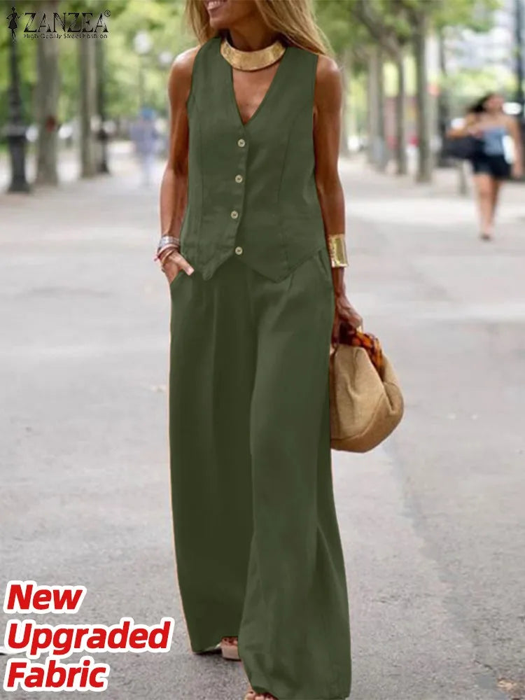 ZANZEA 2025 Elegant Two-Piece Set – Solid Color Vest Top & Wide Leg Pants, Summer Office Chic Outfit (Plus Size)