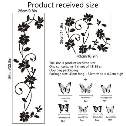 Black Flower Vine & 3D Butterfly Wall Sticker – Removable Bedroom Wall Decoration