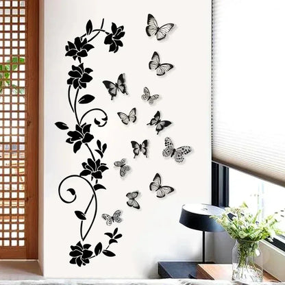 Black Flower Vine & 3D Butterfly Wall Sticker – Removable Bedroom Wall Decoration