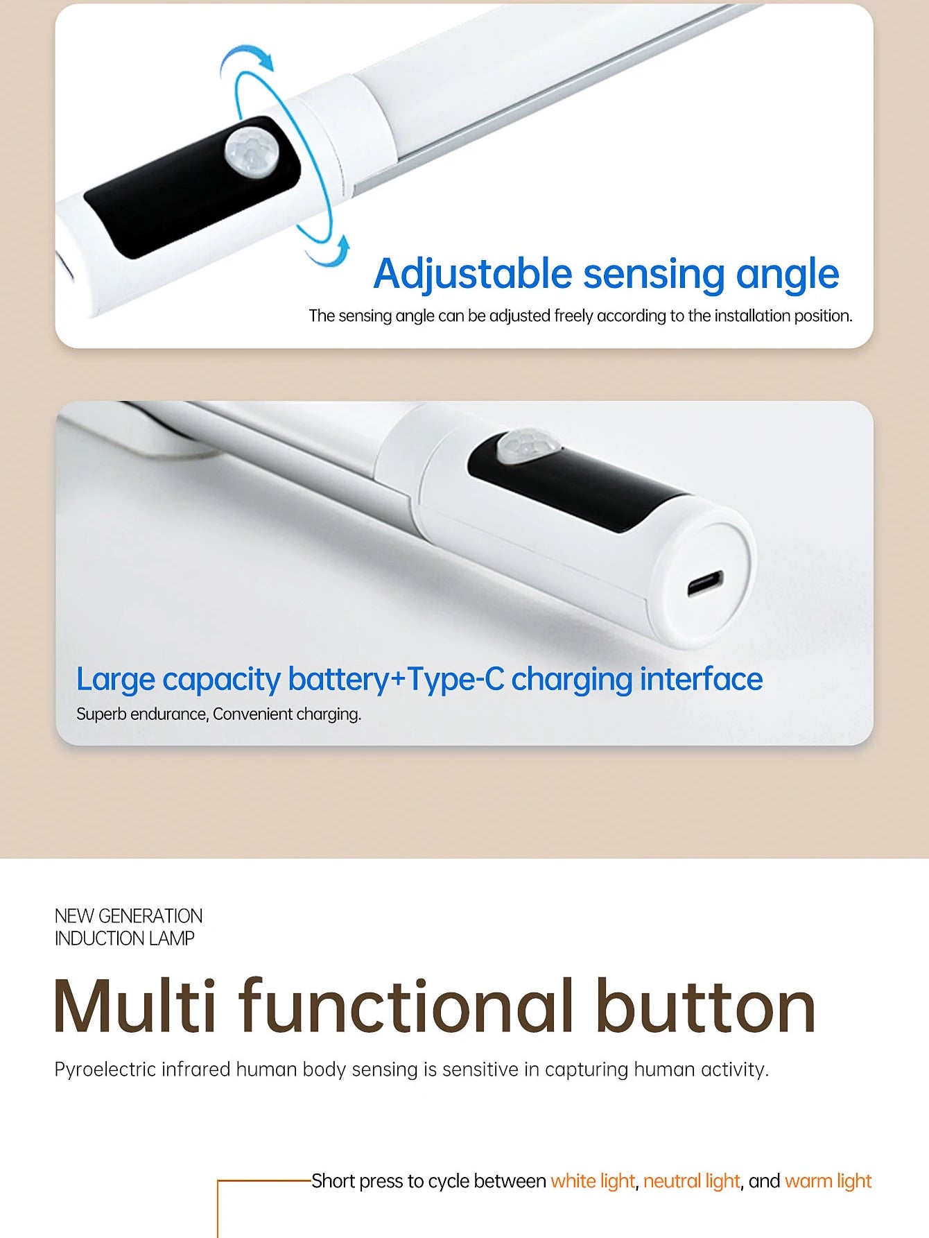 مصباح ليلي مزود بمستشعر حركة - مصباح مكتب وخزانة LED قابل لإعادة الشحن من النوع C مع شاشة رقمية 