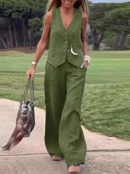 ZANZEA 2025 Elegant Two-Piece Set – Solid Color Vest Top & Wide Leg Pants, Summer Office Chic Outfit (Plus Size)