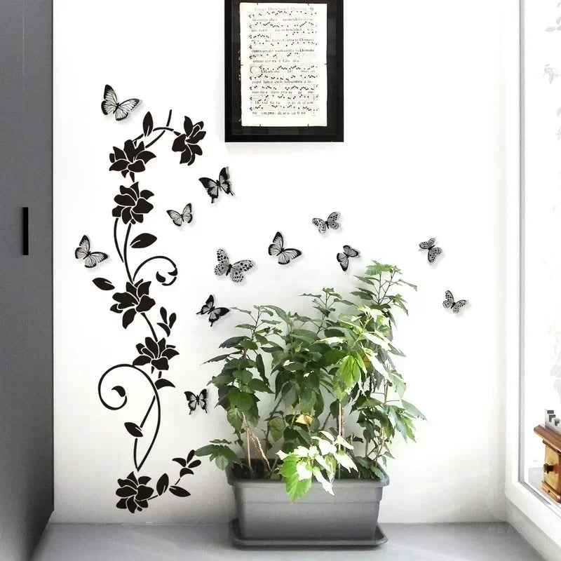 Black Flower Vine & 3D Butterfly Wall Sticker – Removable Bedroom Wall Decoration