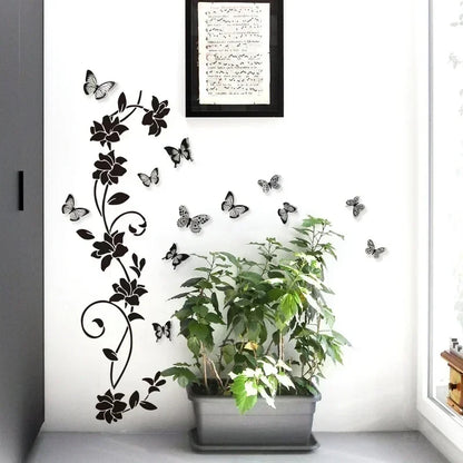 Black Flower Vine & 3D Butterfly Wall Sticker – Removable Bedroom Wall Decoration