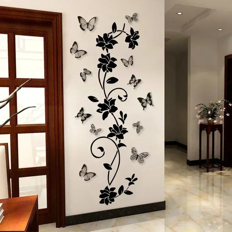 Black Flower Vine & 3D Butterfly Wall Sticker – Removable Bedroom Wall Decoration