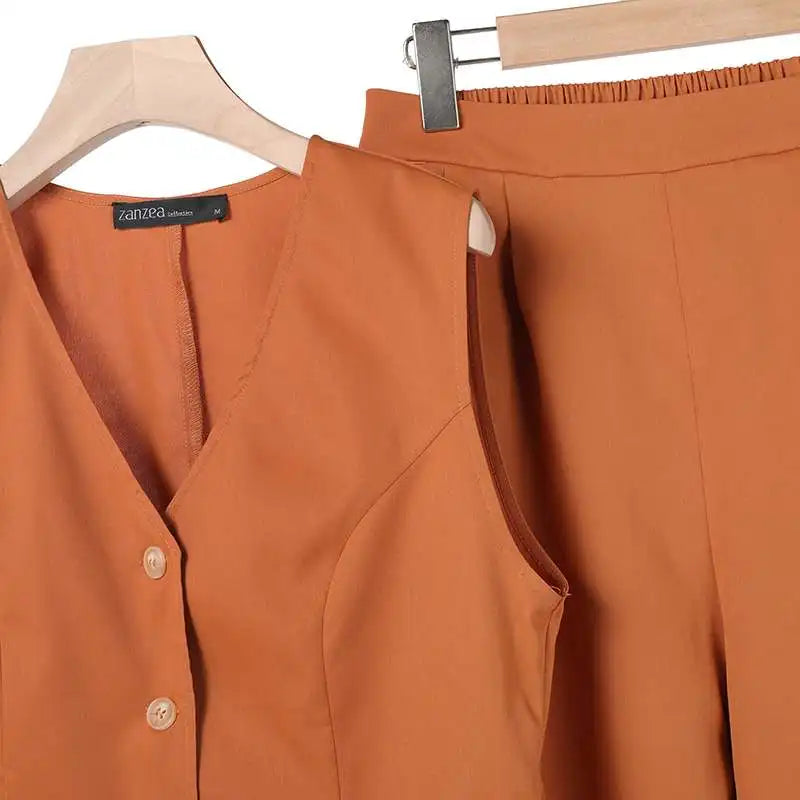 ZANZEA 2025 Elegant Two-Piece Set – Solid Color Vest Top & Wide Leg Pants, Summer Office Chic Outfit (Plus Size)