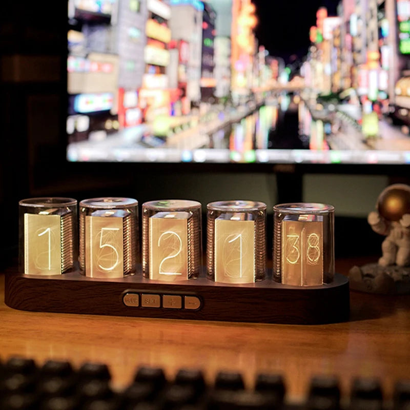 Digital Nixie Tube Clock with RGB LED Glows for Game Room Desktop Decoration. Luxury Box Packing for Gift Idea.