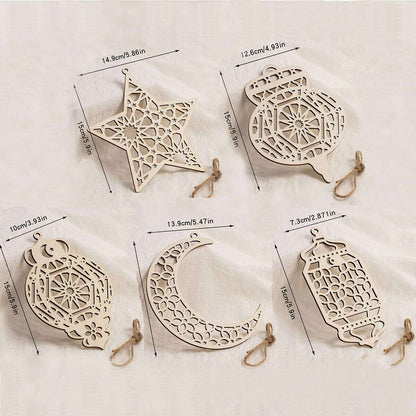 5pcs/set Eid Mubarak Wooden Hanging Ornaments Hollowed Moon Star Pendant for Ramadan Eid al-Fitr Party Decoration DIY Painting Gifts