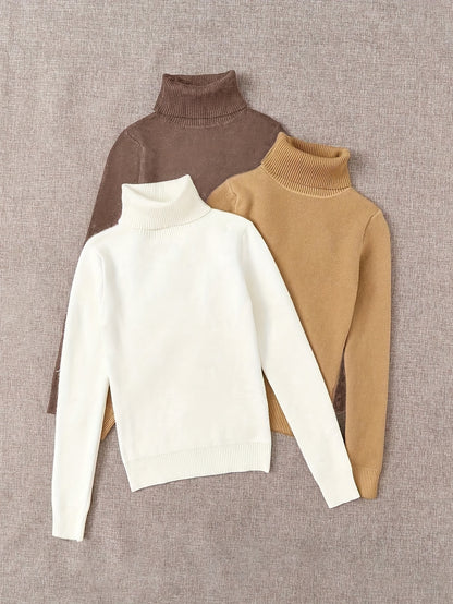 طقم سويت شيرت نسائي من 3 قطع برقبة عالية - ملابس تريكو خريف/شتاء