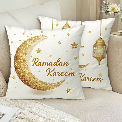 2pcs Ramadan Kareem Decorative Cushion Covers - Golden Crescent & Lantern Design, Polyester Zipper Pillow Covers for Living Room Sofa, Contemporary Home Decor, Hand Wash Only, No Filling Included, Decorative Pillows