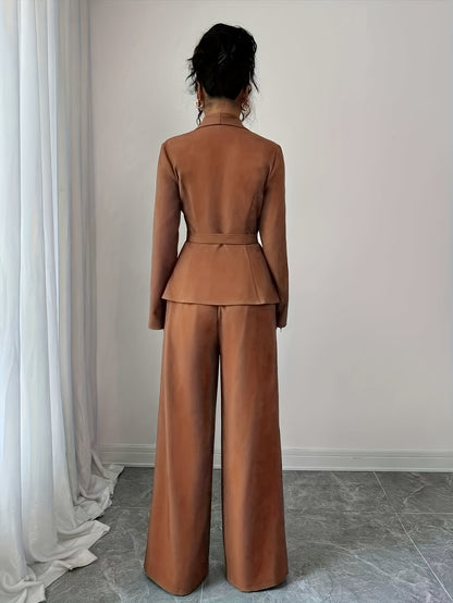 Women’s Elegant Solid Color Pants Suit – Chic Two-Piece Set with Button Details for All-Season Wear