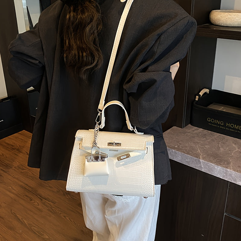 Women’s Luxury Alligator-Texture Handbag – Adjustable Crossbody Strap, Golden-Tone Hardware, Turn-Lock Closure & Reinforced Top Handle, European Collection (Deep Brown/White/Black)