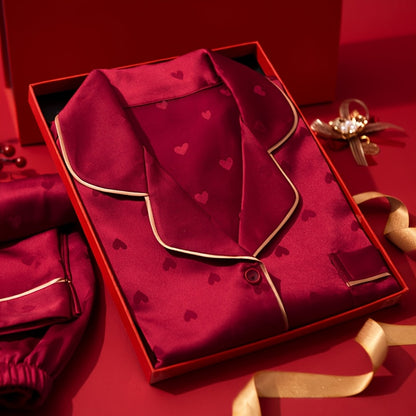 Women’s Elegant Red Heart-Pattern Pajama Set – Soft Long-Sleeve Top & Pants with Lapel Collar and Button Details for Spring/Fall