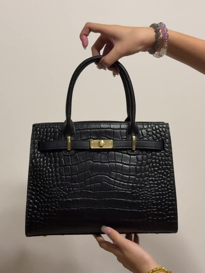 AKFU Women's Genuine Leather Handbag – Crocodile Texture Convertible Crossbody & Clutch with Detachable Strap
