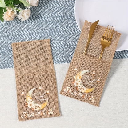 Set of 5 Eid-Themed Linen Bags Featuring Moon Lanterns And Flowers, Perfect for Ramadan Celebrations. These Burlap Bags Are Ideal for Eid Mubarak Decorations at Home And for Islamic Muslim Party Supplies, Including Tableware