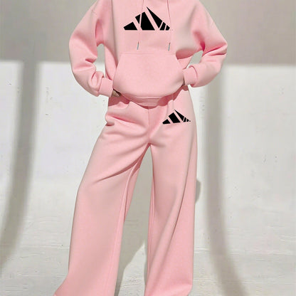 Women’s Winter Hooded Sweatshirt & Jogger Set – Casual Pullover with Letter Print, Pockets & Drawstring Waist