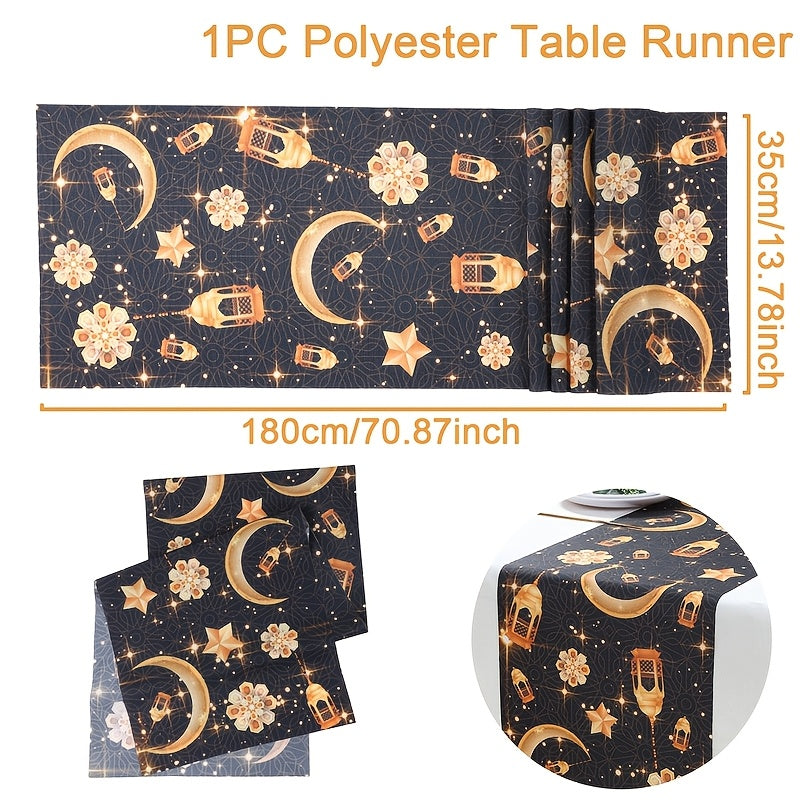 1pc Eid Mubarak Table Runner | Moon Star Sun Design Black Golden Table Runner, Ramadan Kareem Table Decor, Polyester Rectangle, Ramadan Decorations For Home, Muslim Party Decoration Eid Al Adha Gifts