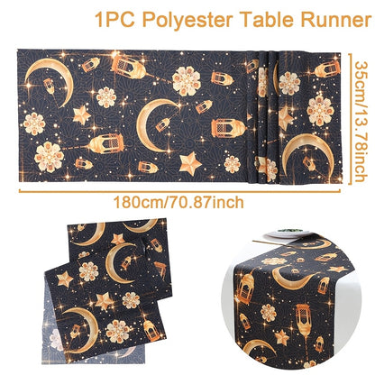 1pc Eid Mubarak Table Runner | Moon Star Sun Design Black Golden Table Runner, Ramadan Kareem Table Decor, Polyester Rectangle, Ramadan Decorations For Home, Muslim Party Decoration Eid Al Adha Gifts