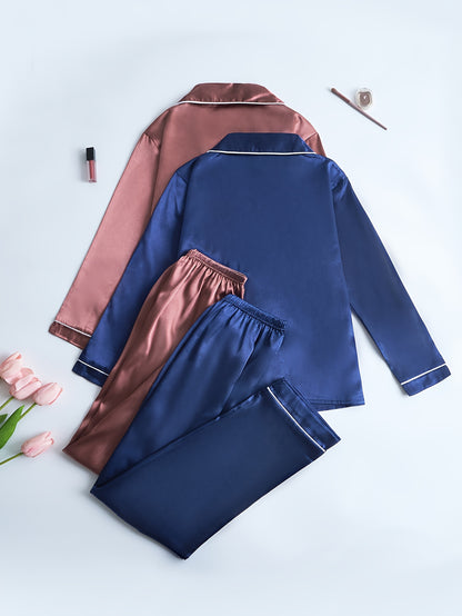 Women’s 2-Set Satin Pajama Collection – Long-Sleeve & Long-Pants Solid Color Sleepwear with Turned Collar and Elegant Button Detailing for Autumn/Winter