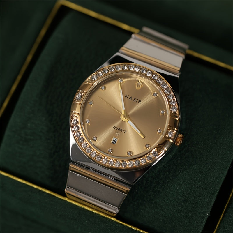 Women’s Luxury Stainless Steel Quartz Watch – Golden-Tone Dial with Crystal Accents, Elegant Round Case for Daily Wear or Special Occasions