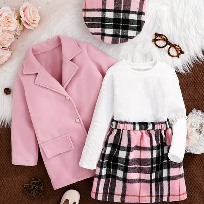 Girls’ 4-Piece Autumn/Winter Fashion Set – Button-Up Coat, Ribbed Long-Sleeve Top, Checkered Elastic-Waist Skirt & Matching Beret