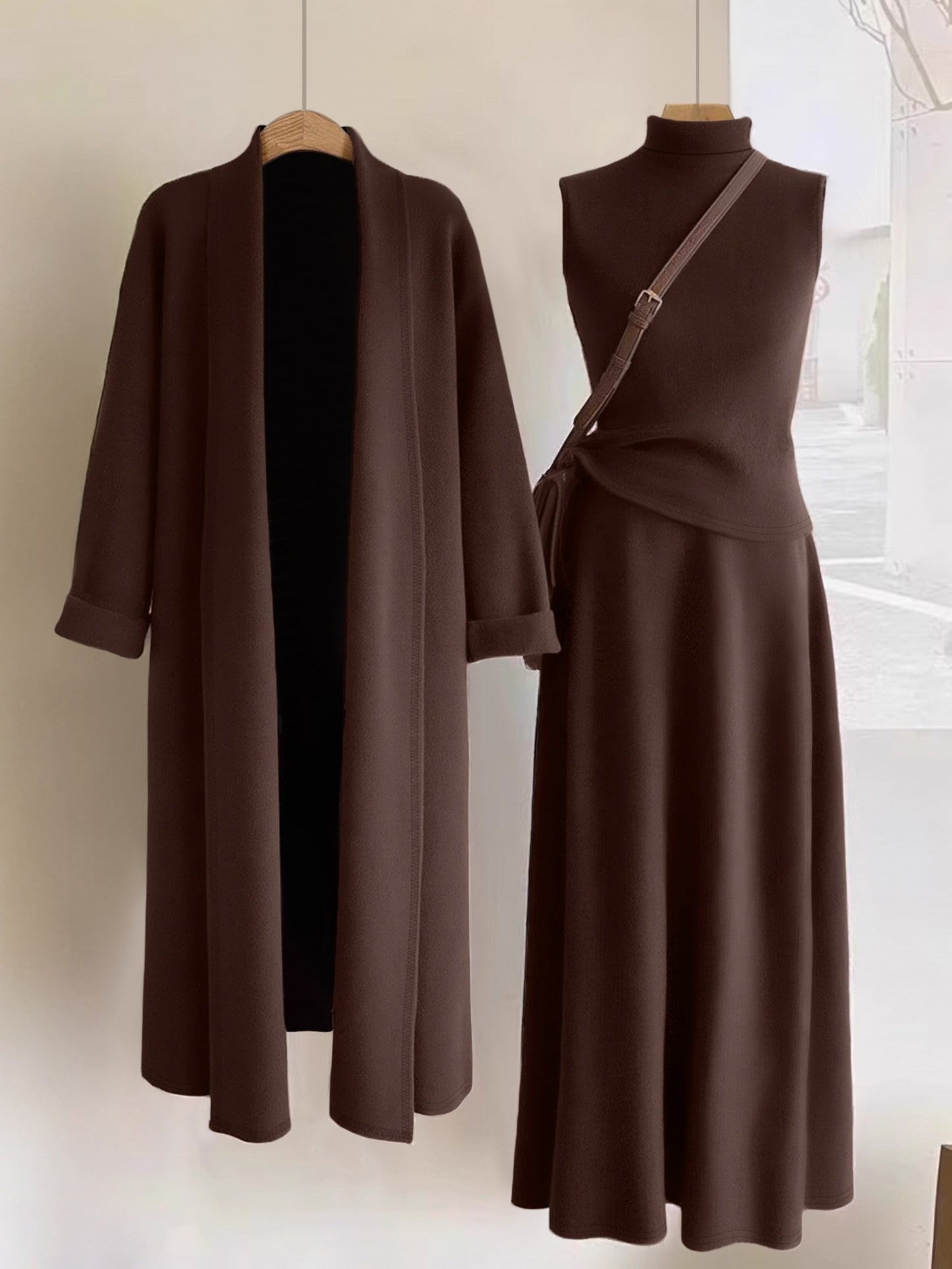 Women’s Elegant 3-Piece Outfit Set – Long Cardigan Jacket, High-Neck Vest & Skirt, Solid Color Chic Ensemble for Casual or Formal Events