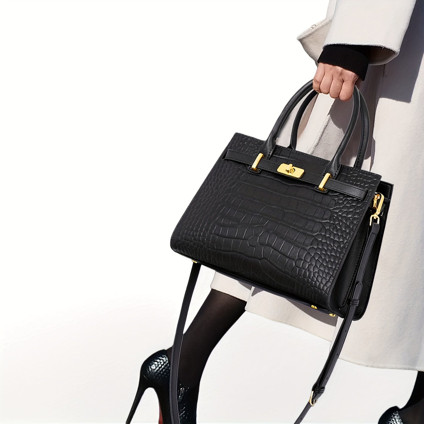 AKFU Women's Genuine Leather Handbag – Crocodile Texture Convertible Crossbody & Clutch with Detachable Strap