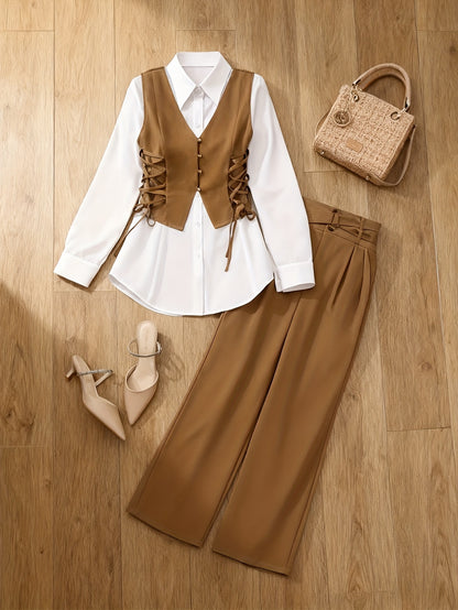 Women’s Tailored Blazer Vest Set — 3-Piece Formal Outfit with Sleeveless Shirt & Wide-Leg Pants