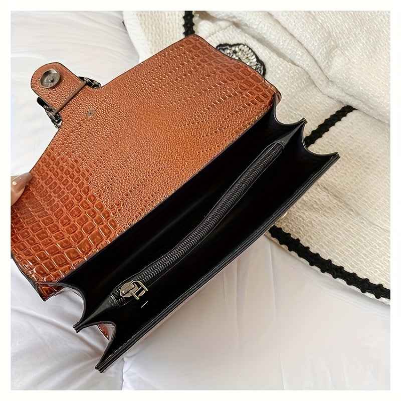 Women’s Luxury Crocodile-Embossed Crossbody Bag – Vintage Faux Leather Shoulder Purse with Adjustable Chain Strap, Zipper & Snap Closure, G-Style Design