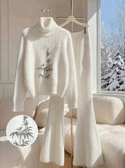 New Arrival Women’s High-Neck Top & Flared Pants Set – Chic White High-End Fashion Outfit