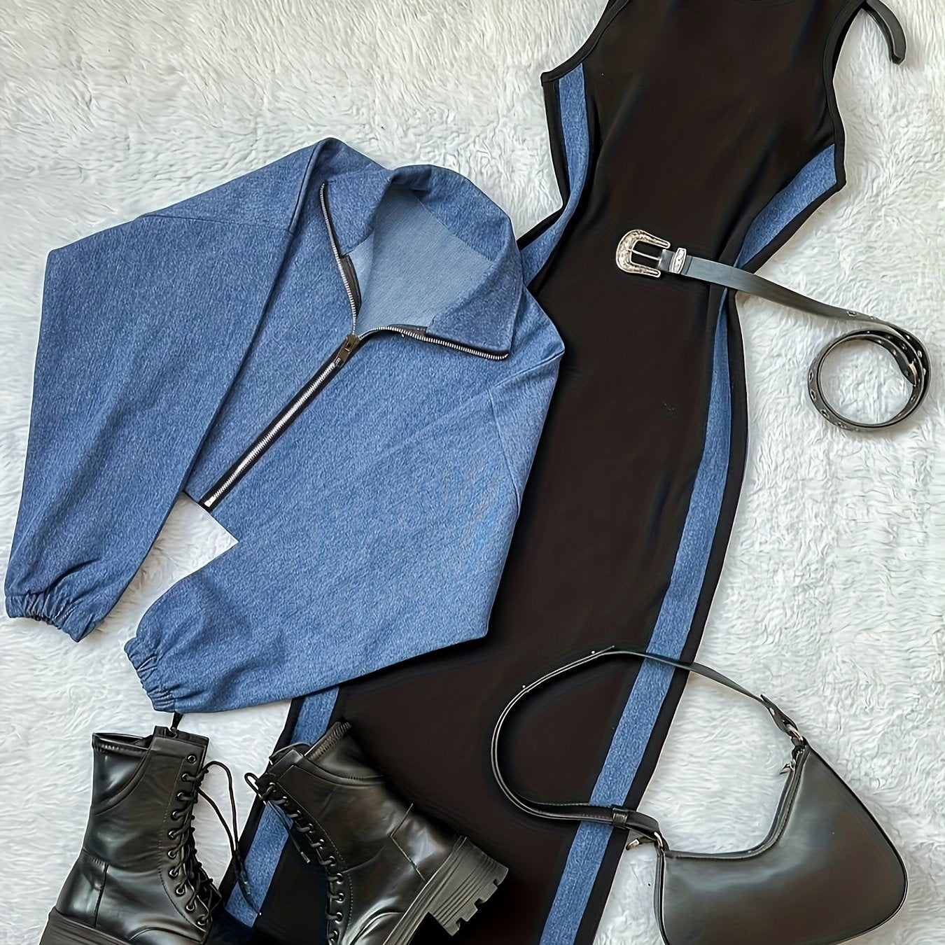 طقم بليزر وفستان نسائي من مجموعة Y2K بألوان متعددة - جاكيت أزرق بأكمام طويلة وسحاب مع فستان بيج بدون أكمام بقصة ضيقة، مناسب للمكتب والشارع في الربيع/الخريف