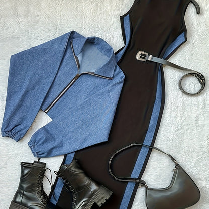 طقم بليزر وفستان نسائي من مجموعة Y2K بألوان متعددة - جاكيت أزرق بأكمام طويلة وسحاب مع فستان بيج بدون أكمام بقصة ضيقة، مناسب للمكتب والشارع في الربيع/الخريف