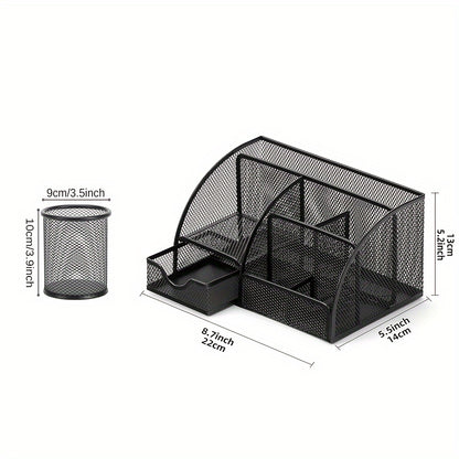 2-Piece Mesh Desk Organizer Set with Sticky Note Holder – Expandable Rustproof Iron Caddy for Home, Office & School Supplies (Black, Green, Pink, Purple)