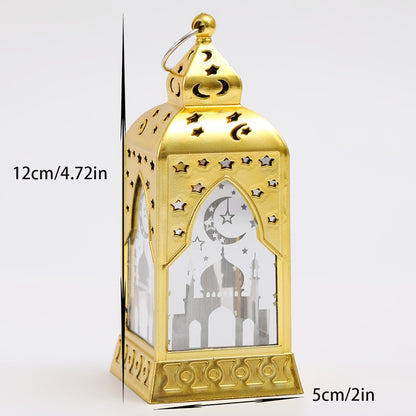 مجموعة من 4 فوانيس LED لشهر رمضان | شموع بلاستيكية قائمة بذاتها بإضاءة علوية، مزينة بتصاميم للصلاة والبركة، تعمل بالبطاريات، بطاريات زر غير قابلة لإعادة الشحن