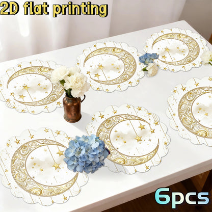 6pcs 2D Flat Printing Ramadan Golden Crescent Star Decorative Pattern Placemats, for Ramadan Gatherings, Festival Tables, Creating Warm Gorgeous Ramadan Atmosphere, Fitting Festive Meal and Table Decor, Suiting Holiday Dining