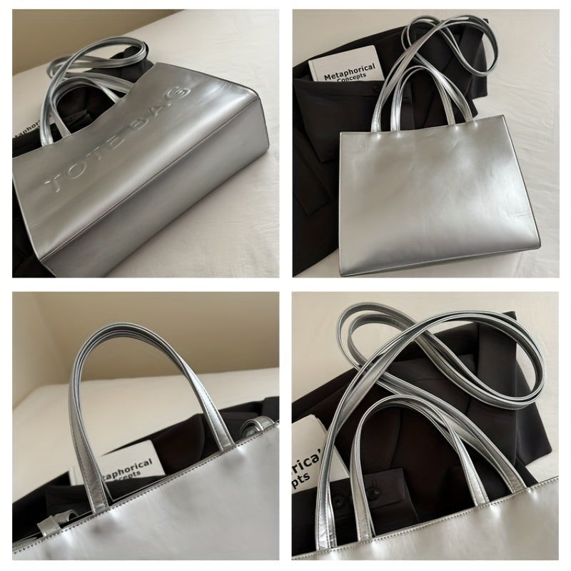 PU Textured Large-Capacity Women’s Tote Bag — Vintage Commuter Shoulder & Crossbody Bag with ‘TOTE BAG’ Embossed Design, Durable and Lightweight, Ideal for Work, Business & School, Available in Black, Brown, and Silve