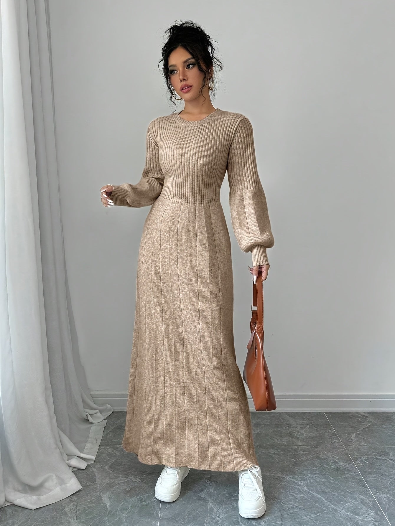 Elegant Beige High-Neck Sweater Dress with Lantern Sleeves – Long Ribbed Knit Dress for Fall & Winter, Casual Chic Women’s Fashion