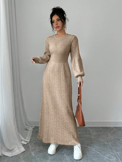 Elegant Beige High-Neck Sweater Dress with Lantern Sleeves – Long Ribbed Knit Dress for Fall & Winter, Casual Chic Women’s Fashion