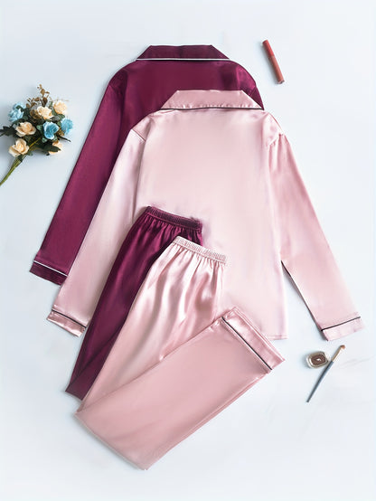 Women’s 2-Set Satin Pajama Collection – Long-Sleeve & Long-Pants Solid Color Sleepwear with Turned Collar and Elegant Button Detailing for Autumn/Winter