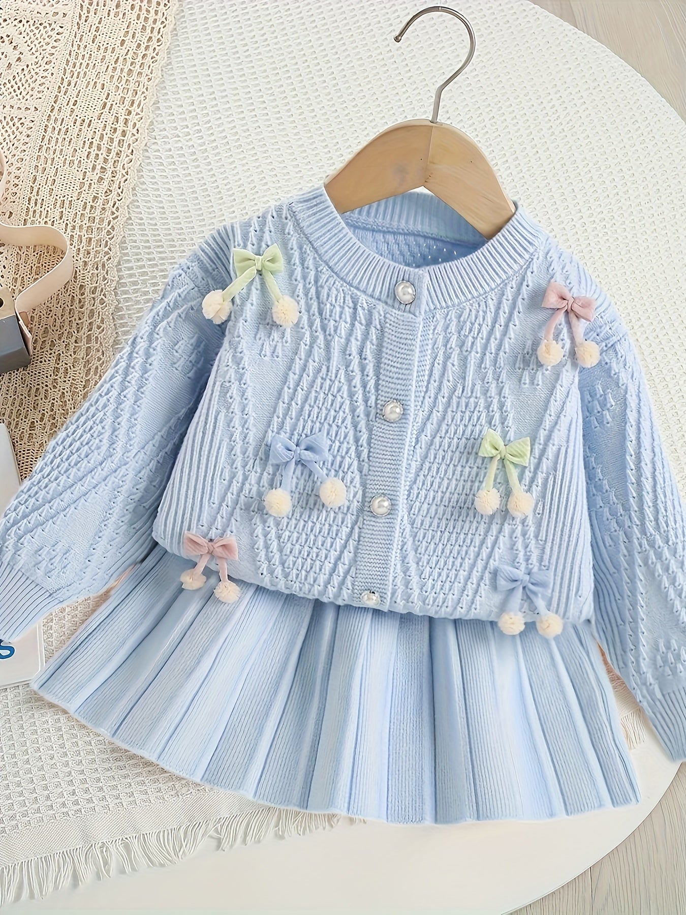 Girls’ Adorable Knit Cardigan & Pleated Skirt Set – Cozy Winter 2-Piece Outfit for Toddlers & Kids (8M–8Y)