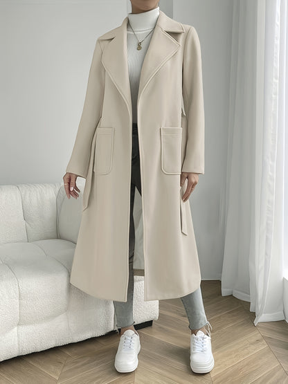 Women's Elegant Beige Trench Coat – Belted Long Sleeve Jacket with Pockets, Classic Collar & Structured Design for Spring & Fall