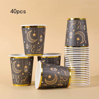 20pcs/40pcs/60pcs Black & Golden Elegant Eid Mubarak Party Disposable 9Oz Paper Cups with Golden Edge | Golden Foil Moon Star Lantern Print, Ideal for Ramadan Kareem Festival Gatherings Valentine Easter