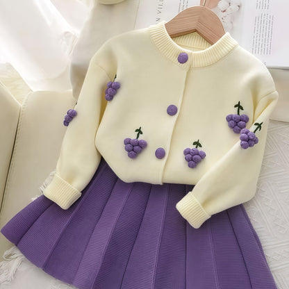 Girls’ 2-Piece Furry Fruit Sweater & Pleated Skirt Set – Cozy Purple Knitwear Outfit for Daily Wear or Parties in Autumn/Winter