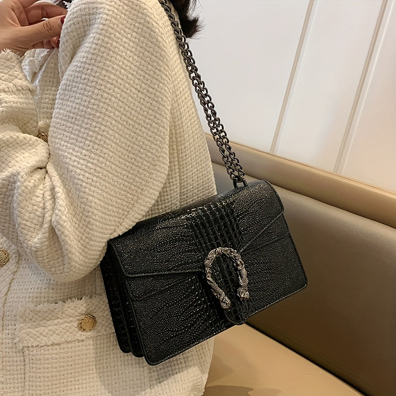 Women’s Luxury Crocodile-Embossed Crossbody Bag – Vintage Faux Leather Shoulder Purse with Adjustable Chain Strap, Zipper & Snap Closure, G-Style Design