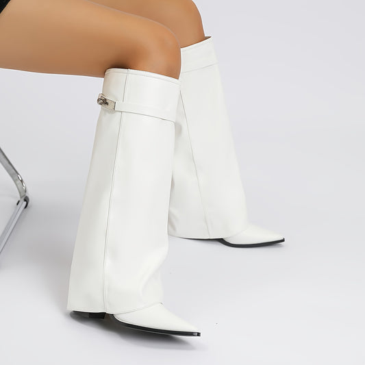 Women's Western Cowboy Boots – Chunky Heel, Pointed Toe, Buckle Detail & Slip-Resistant Sole, Stylish All-Season White Boots