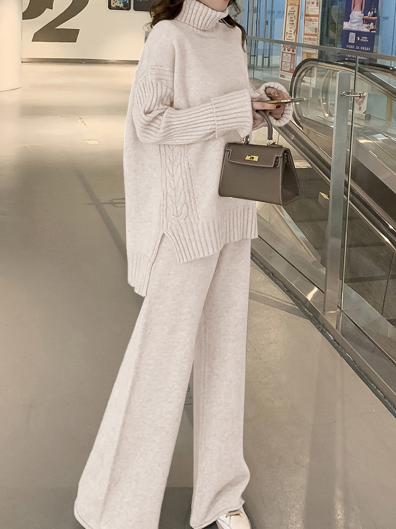 Autumn & Winter Sweater Set – Elegant High-Neck Top with Wide-Leg Pants, Solid Color Casual Chic Outfit