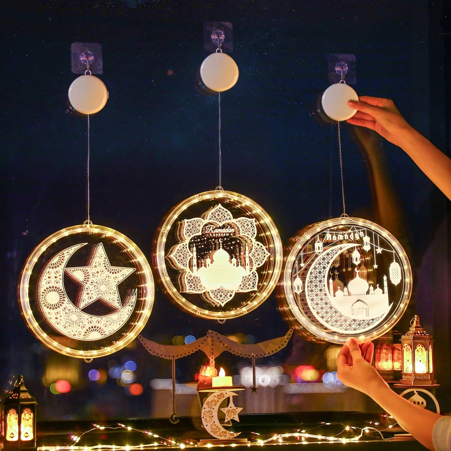LED Ramadan Lanterns | Moon-Shaped, Multi-Style Hanging Lights for Festive Decoration, Battery-Powered (No Battery Included), Easy Hanging Installation
