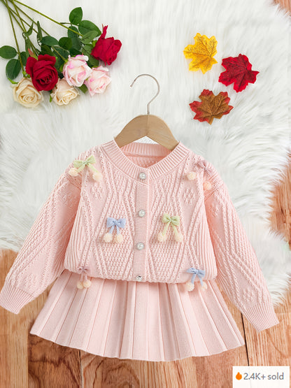 Girls’ Adorable Knit Cardigan & Pleated Skirt Set – Cozy Winter 2-Piece Outfit for Toddlers & Kids (8M–8Y)