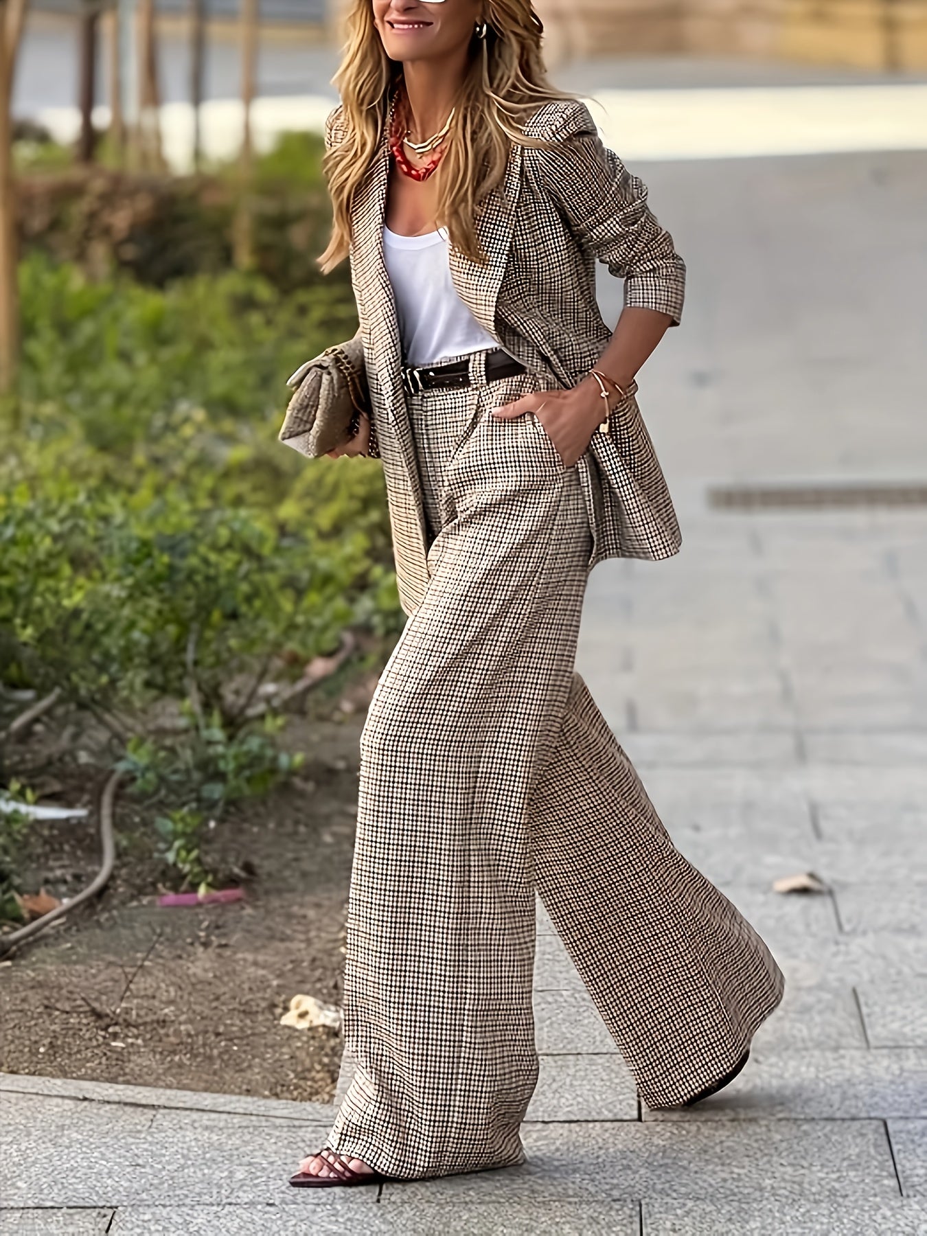 Women’s Two-Tone Plaid Blazer & Pants Set — Double-Breasted, Long Sleeve, Loose Fit, All-Season Wear