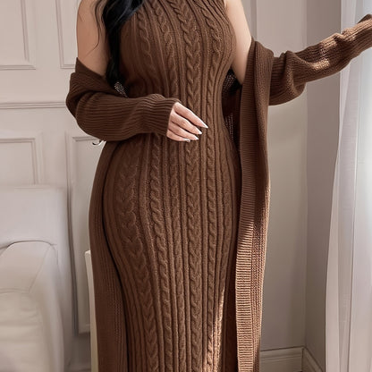 Women’s Elegant Khaki Knit Two-Piece Set – Round Neck Cardigan Top & Sleeveless Braided Texture Dress, Chic Autumn/Winter Outfit for Dates & Parties