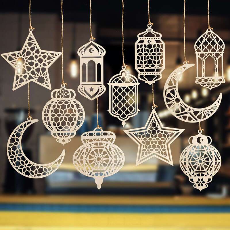 5pcs/set Eid Mubarak Wooden Hanging Ornaments Hollowed Moon Star Pendant for Ramadan Eid al-Fitr Party Decoration DIY Painting Gifts
